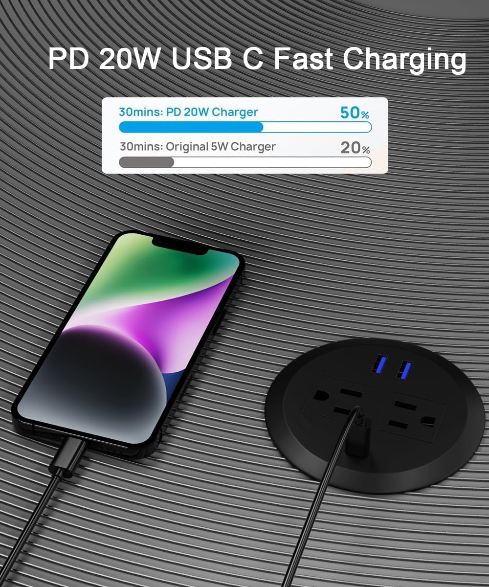 3 Inch Desktop Power Grommet,20W USB C Fast Charging Station,3-USB Port,Flush Mount,6.5 ft Power Cord.Round Recessed Power Outlet,Desk Hole Grommet Outlet for Workspace,Sofa,Black