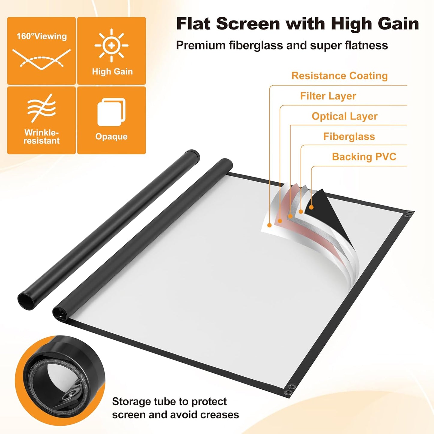 Outdoor Projector Screen 120 Inch, 16:9, High Gain, Projector Screen with Stand, Wind-resistant Design for Portable Projection Screen Outdoor, With Ropes and Spikes, 4K Image for Home Theater, Camping