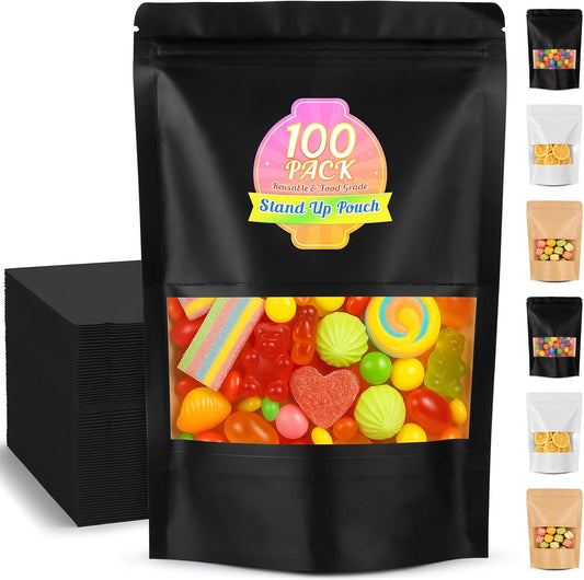 Mylar Bags for Food Storage, 100 Pack Smell Proof Bag with Window, Resealable Bags for Small Business, Candy Bags, Dog Treat Bag, Bakery Packaging, Stand Up Pouch (3.5"x5.5")