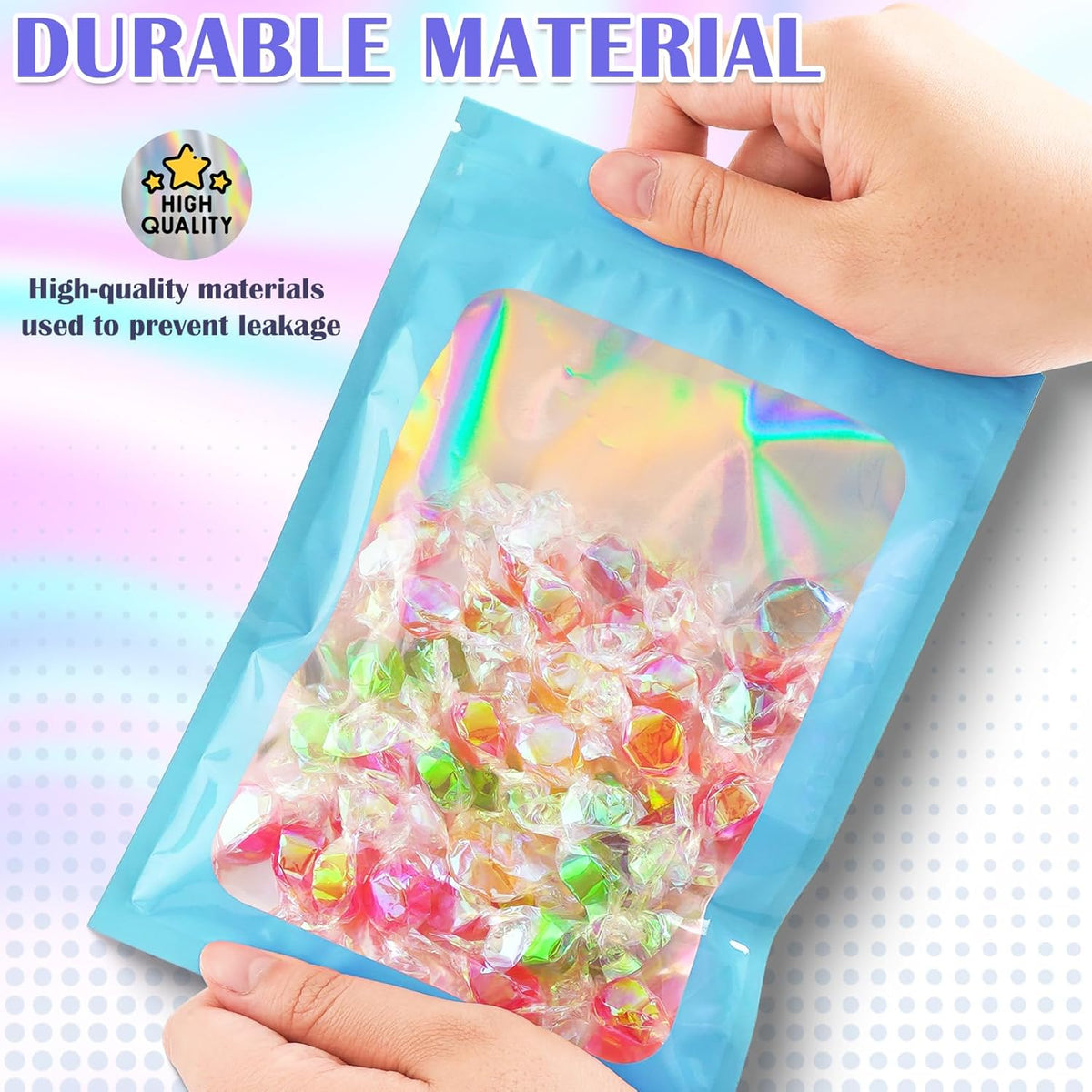 300 Pcs Mylar Bags, Smell Proof Bags Foil Pouch, Holographic Resealable Bags for Small Business, Candy Sample Jewelry Bag Sealable Packaging for Party Favor Food Storage (4x6in-Blue)