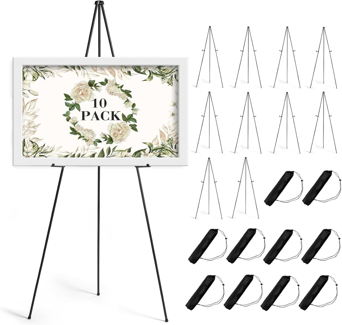 AZEAM 10 Pack 63" Easel Stand for Sign, Portable Easel for Painting, Foldable Black Metal Easel Display Stand Poster Holder Adjustable Sign Stand for Display Wedding Arts Poster