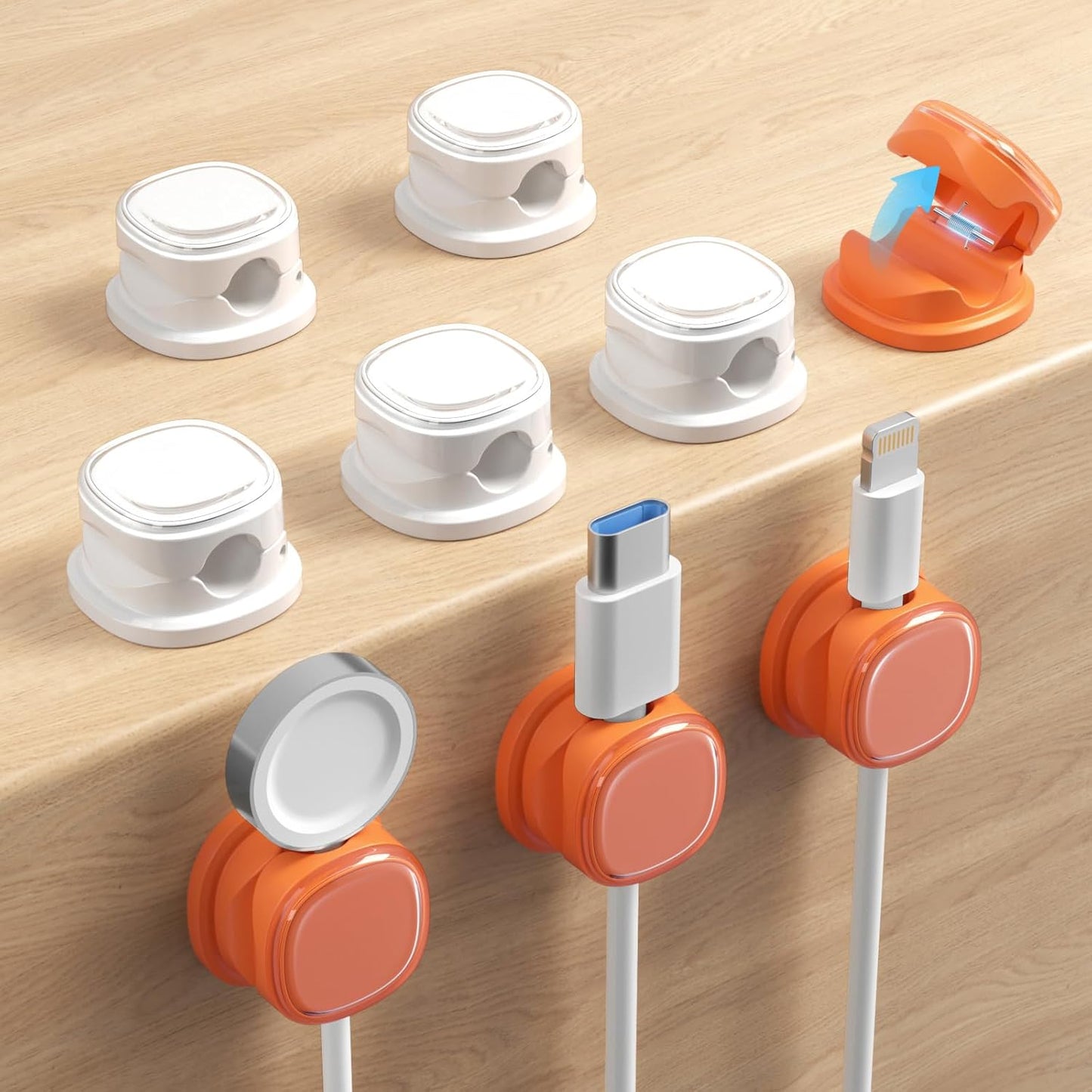 9 Pack Cord Organizer, Spring Cable Management, Adhesive Cute Cable Holder Clips, Phone Charger Wire Keeper for Desk Nightstand Car Office (9-Pack White_Orange)