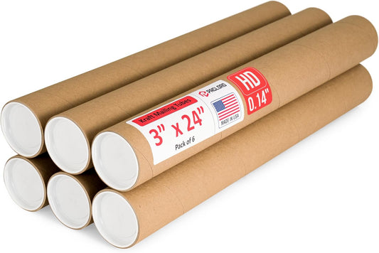 3" x 24" Heavy-Duty Reinforced Cardboard Mailing Tube, Pack of 6 Tubes with 12 Caps – Secure USPS Approved – Great for Shipping and Storing of Prints, Artwork, Posters or Documents