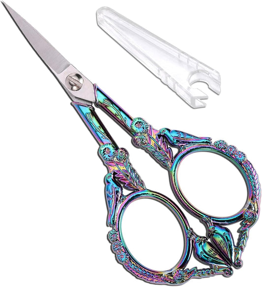 Sewing Embroidery Scissors – Small Vintage Sharp Detail Shears for Craft, Artwork, Needlework Yarn, Handicraft DIY Tool, Thread Snips, 4.6in Rainbow Bird Style