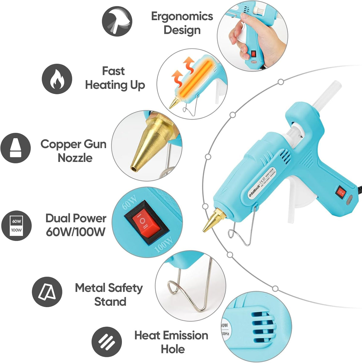 ROMECH Full Size Hot Glue Gun with 60/100W Dual Power and 21 Hot Glue Sticks (7/16"), Fast Preheating Heavy Duty Industrial Gluegun with Storage Case for Crafting, DIY and Repairs (Cyan)