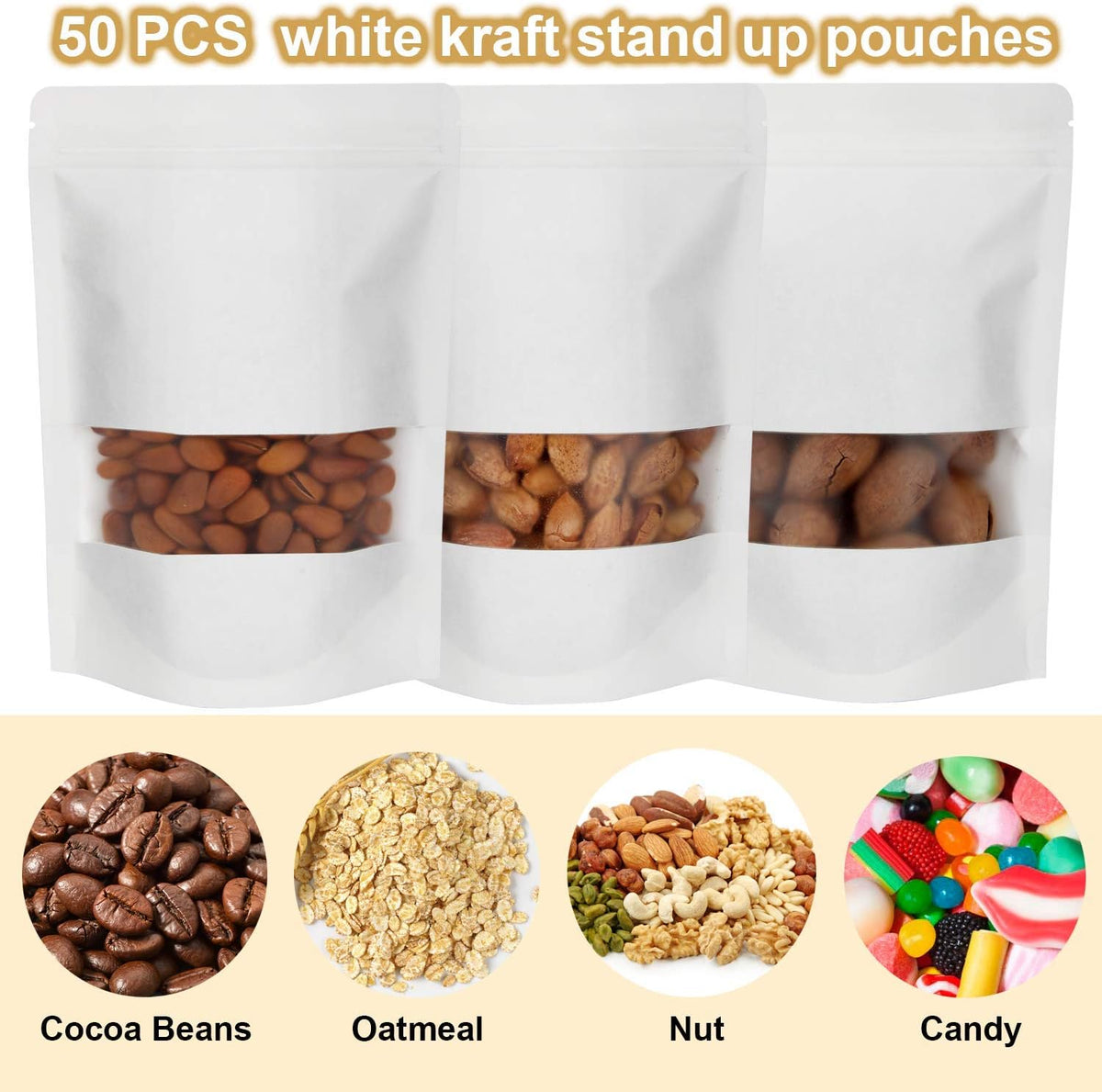 Blisstime 50 Pieces Resealable Bags for Small Business, White Kraft Paper Stand Up Pouches with Matte Window Reusable Heat Sealable Bags for Packaging (7 X 10.2 Inches)
