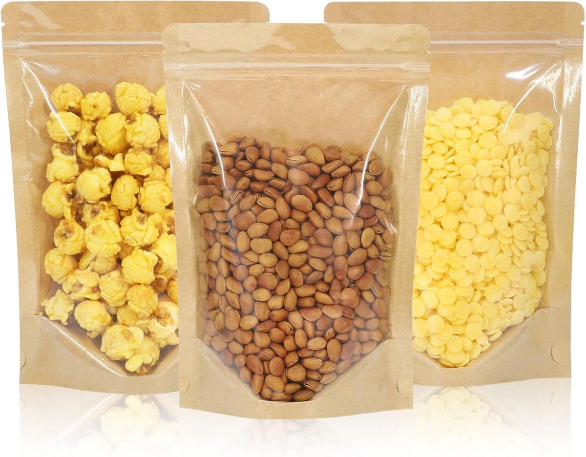 100 PCS Resealable Bags, Stand Up Kraft Bags with Window Clear Front Pouches, Zipper Lock Food Storage Bags 5.51×7.87 Inch Reusable Sealable Bags for Packaging