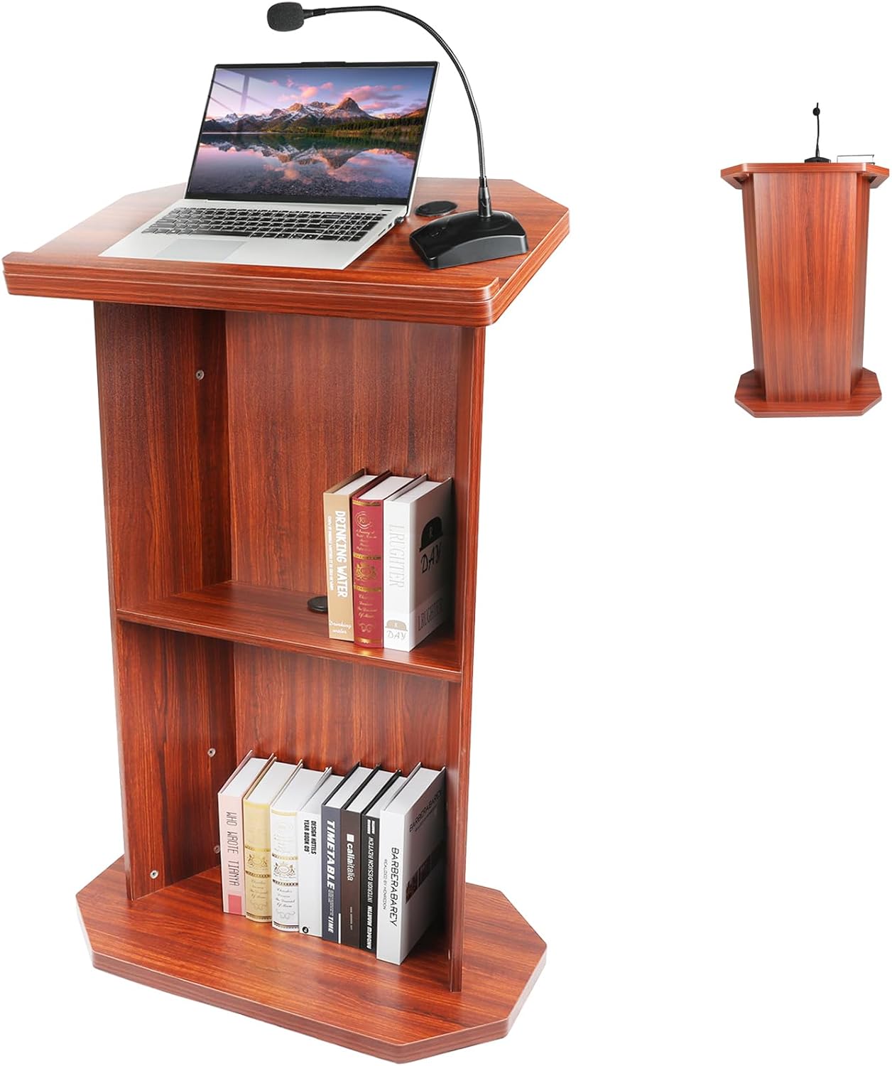Wood Podium Stand withLarge 2-Tier Shelve, 49" Wooden Lectern with Reserved Wire Hole, Wooden Standing Pulpit with Reading Platfor for Church Office School Home Conference Restaurant Meeting