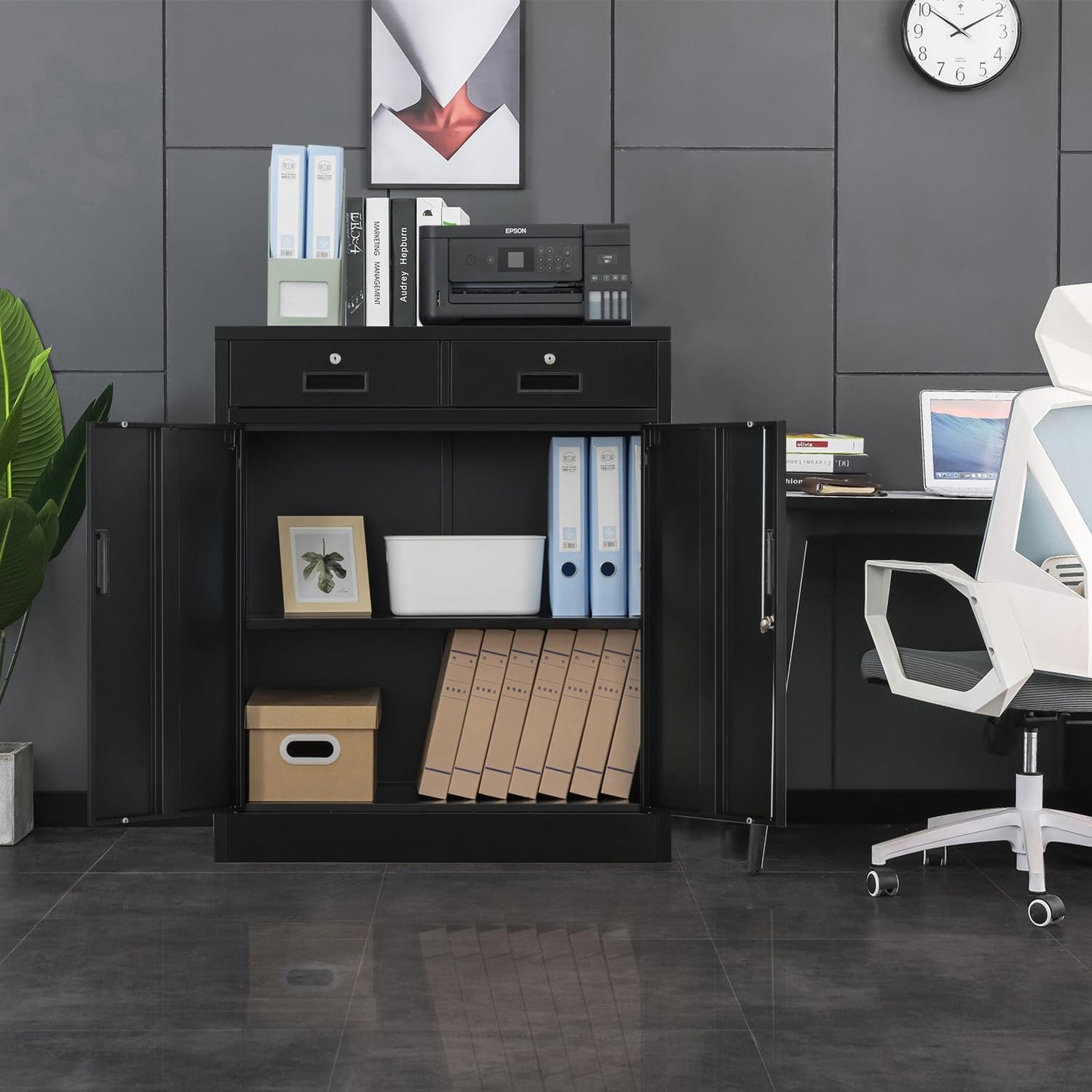 BESFUR Metal Garage Storage Cabinet 36" H, Black Steel Locking Cabinet with 2 Drawers,2 Lockable Doors and Adjustable Shelves Easy to Assemble for Home Office, Garage,School, Apartment, Warehouse