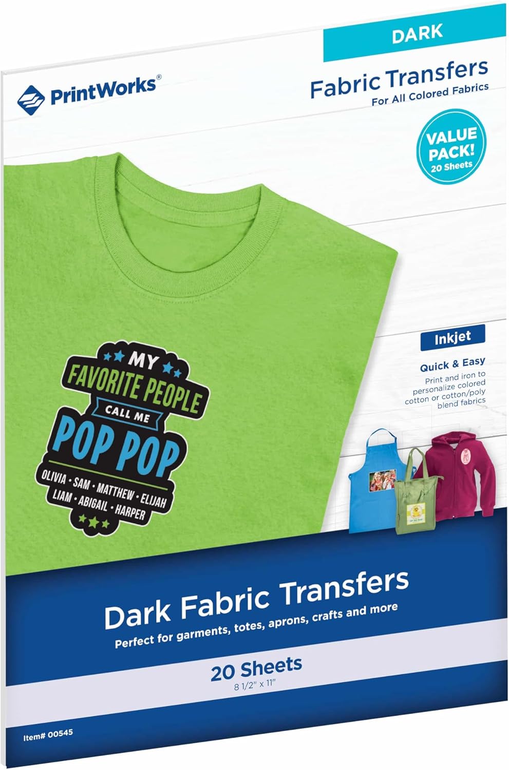 PrintWorks Printable Iron on Heat Transfer Paper for Dark Fabrics & T-Shirts, 8.5” x 11”, 20 Sheets, Easily DIY, Made in the USA