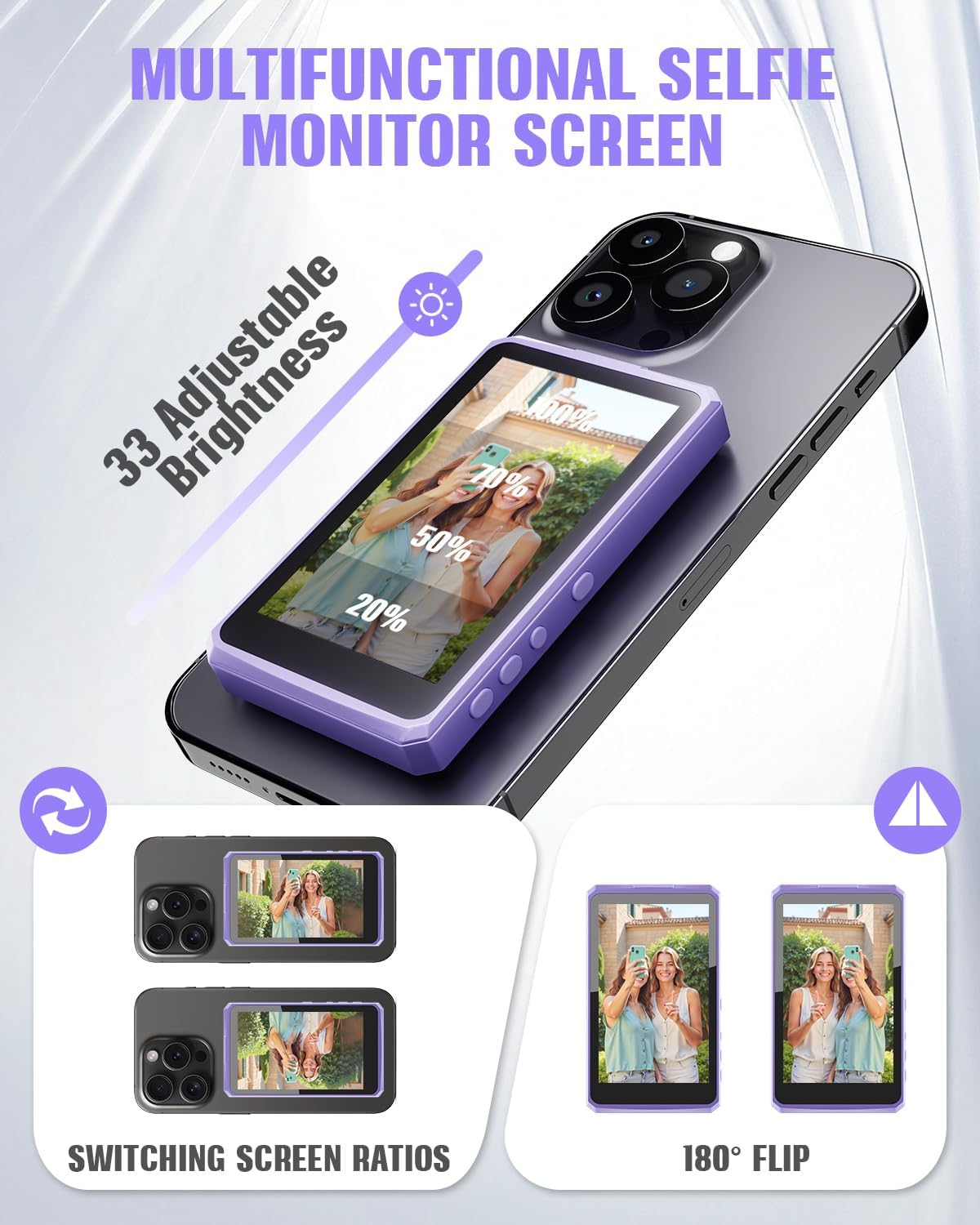 Vlog Selfie Monitor Screen, Magnetic Phone Selfie Screen 4K/1080p 60fps Bluetooth Remote, Back Camera Monitor Built-in Speaker for Vlog Live Stream TikTok (Purple)