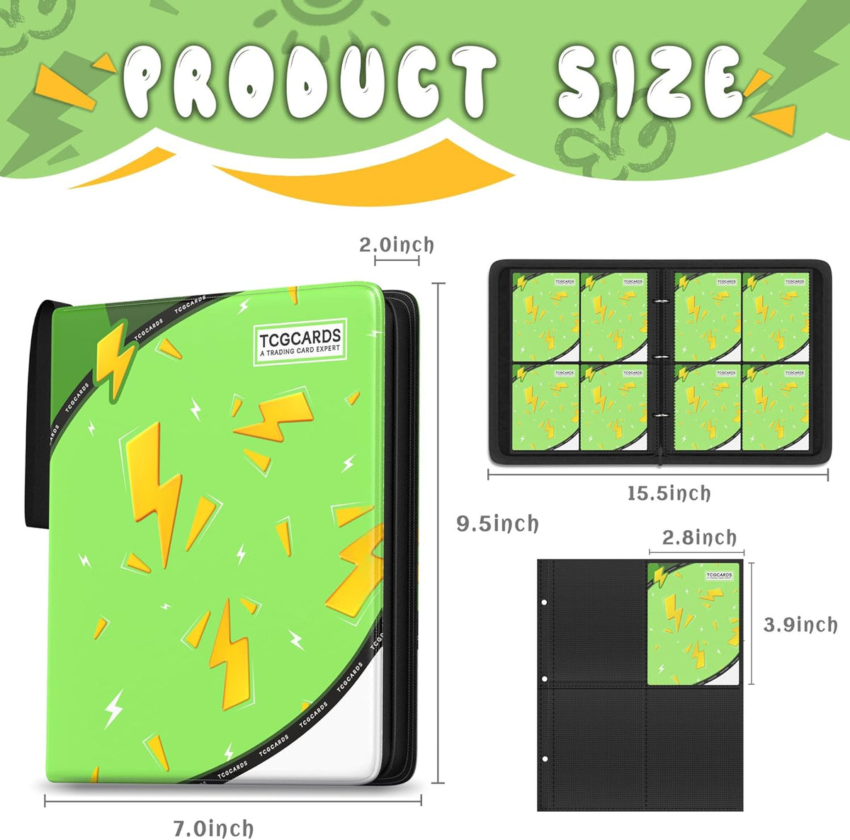 Trading Card Binder 4 Pocket，Card Binder 400 Pockets Card Book Holder Cards with 50 Removable Sleeves，3-Ring Zip Design MTG/TCG/Sport Collectible Trading Card Albums Gifts for Boys and Girls (Green)