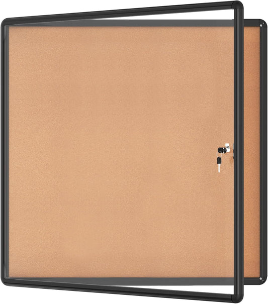38"x38" Enclosed Bulletin Board, Lockable Weather-Resistant Aluminum Cork Noticeboard for School & Office Hospital, Black Frame w/Cork