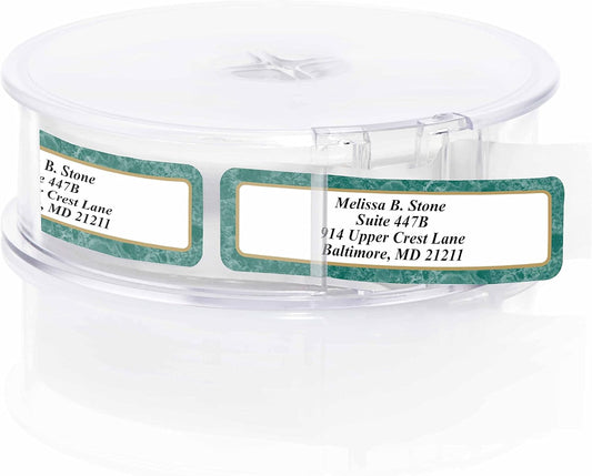 Green Marble Designer Rolled Name & Address Labels with Elegant Plastic Dispenser
