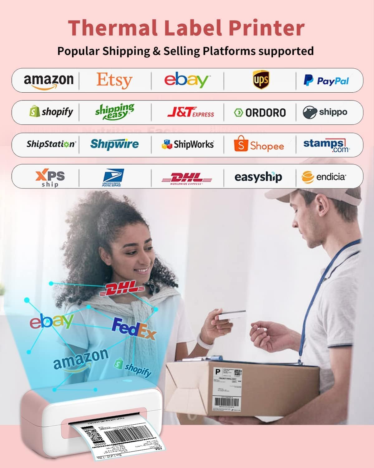 Phomemo Label Printer - 4x6 Thermal Printer for Small Business & Shipping Package, Bluetooth Shipping Label Printers Compatible with Android & iOS,Widely Used for Amazon, Ebay, Shopify, UPS- Pink