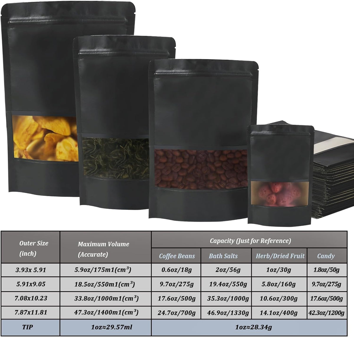 100 PCS Resealable Stand Up Kraft Paper Bags With Matte Window, Zipper Lock Food Storage for Small Business and Home, 7.87 * 11.81 Inches Reusable Sealable Packaging - Black