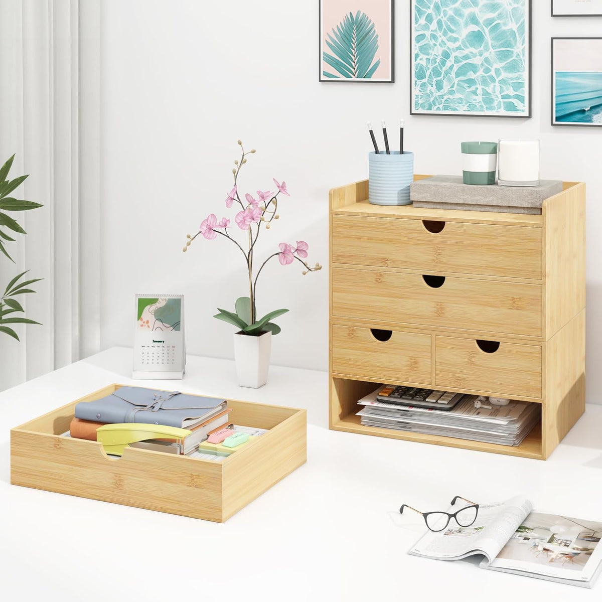 Wisuce Bamboo Desk Drawer Organizer, Large Desktop Organizer with Drawers Tabletop Storage Organization Box for Office Home Toiletries Supplies Vanity, No Assembly Required (2 Drawer with Shelf)