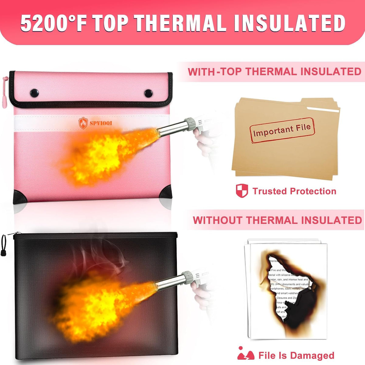 Upgraded Fireproof Document Bag 5200°F - with Heat Insulated, Fireproof Bag with Zipper/Reflective Strip, 9 Layers of Functional Materials, Fireproof Money Bag for Cash/Documents, Water Resistant Pink