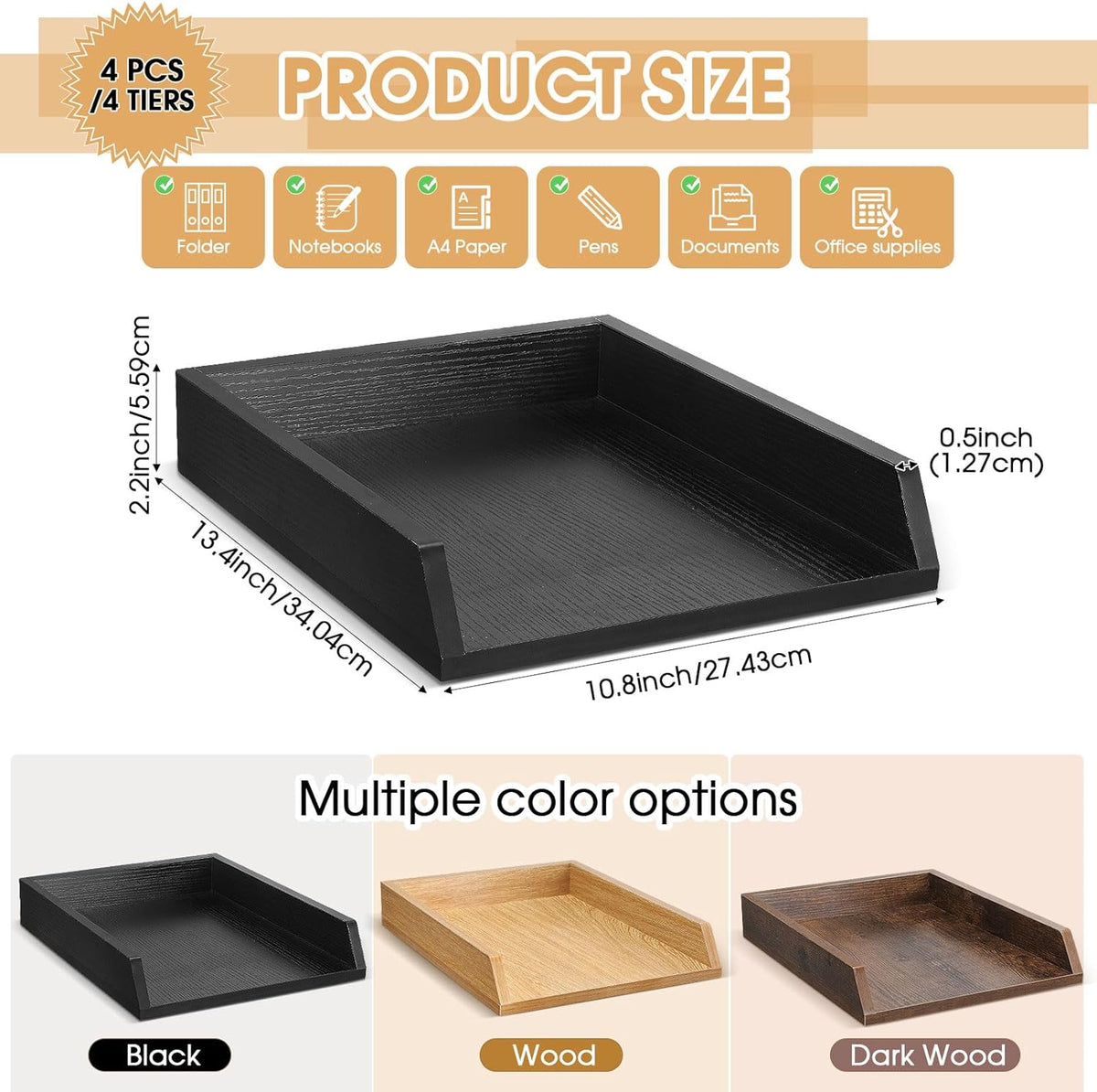 4 Pcs Wooden Letter Trays Wood Letter-Size Desk Organizer Heavy Duty 2 Tier Stackable Supports Paper Tray Desktop Drawer Organizer File Folder Magazine Office Accessories (Black)