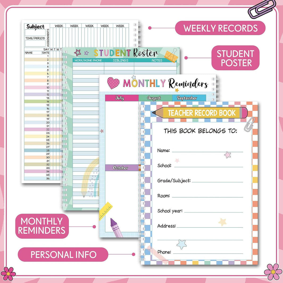 Teacher Record Book Teacher Grade Book Spiral Bound Record Class Gradebook Office Favors Gift for Classroom Attendance Decoration Double Sided Color Printing(Pink)