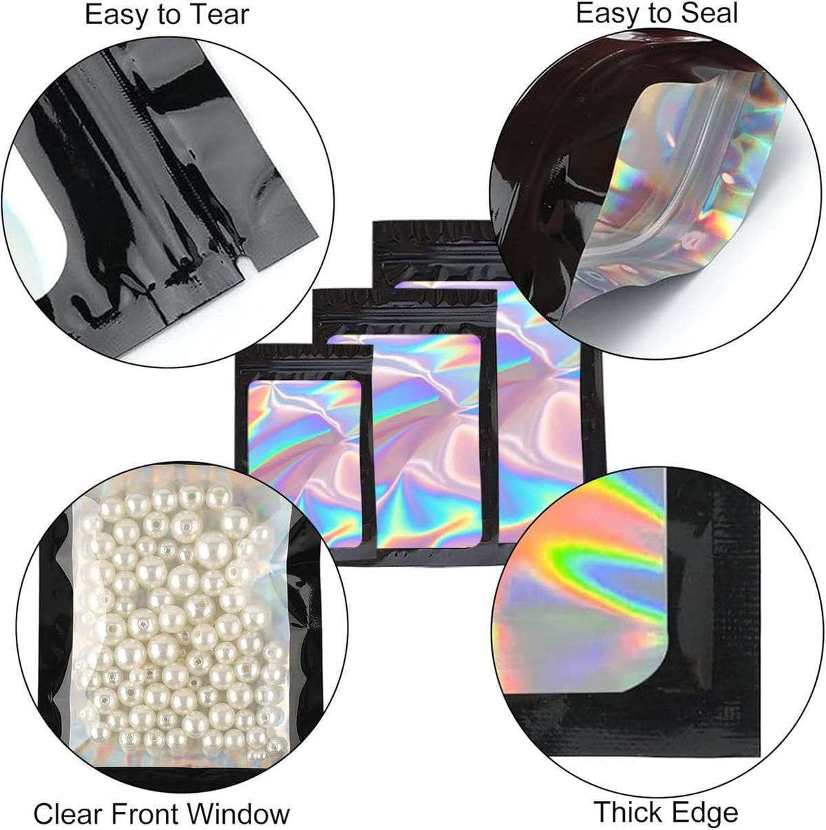 300 Pack 3 Sizes Resealable Mylar Holographic Bags Food Storage Smell Proof Bags with Front Window Packaging Pouch for Sample Snack Cookies Jewelry (Black, 3 x 4.7 inch,4 x 6 inch,4.7 x 7.9 inch)