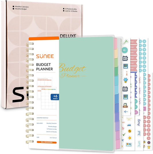 SUNEE Budget Planner - Deluxe Monthly Budget Book with 12-Pockets for Bill Organizer, Undated 12 Month Expense Tracker Notebook & Account Book B5 Size (8" x 10") to Manage Your Finance Planner, Green