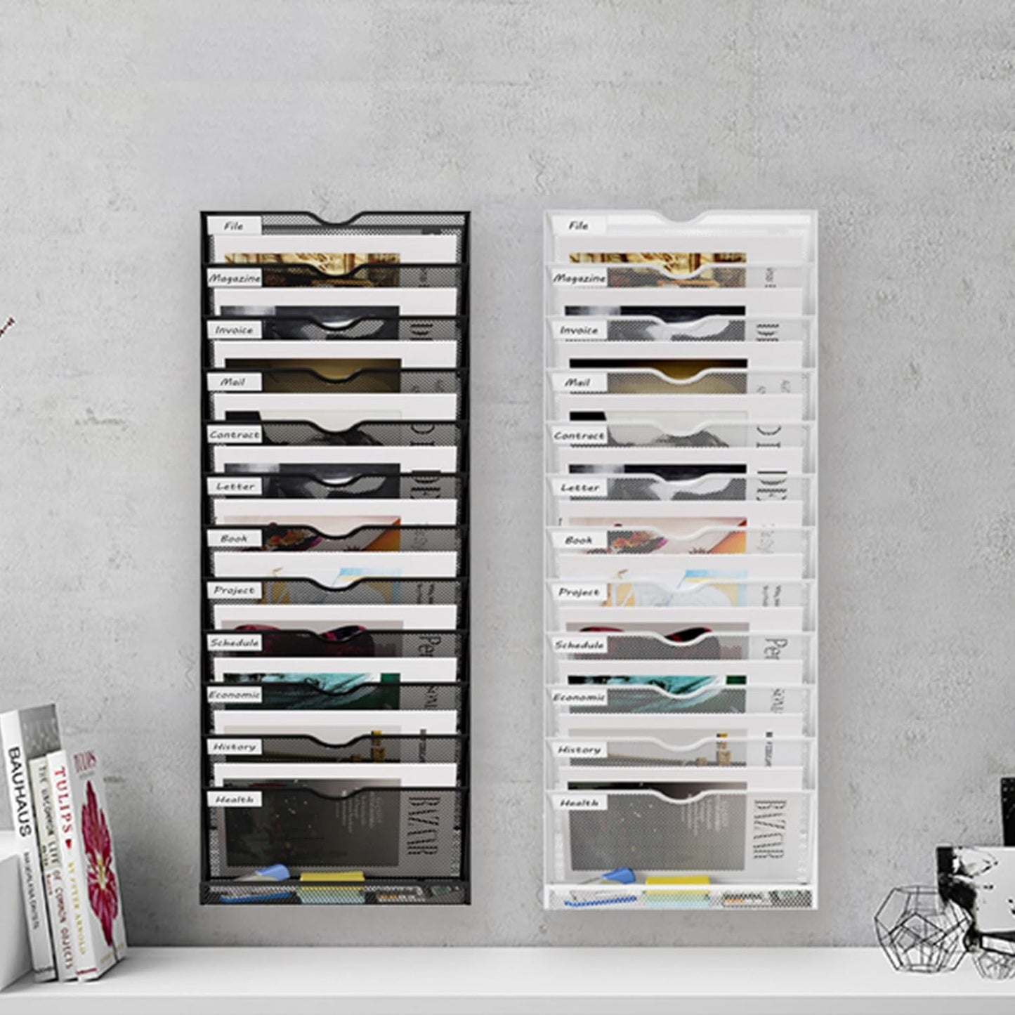 13 Tier Hanging Wall File Holder, Metal A4 Wall Mounted Document Holder, Vertical Hanging Mail Organizer, Magazine Storage Rack with Tray for Office Home Classroom, White