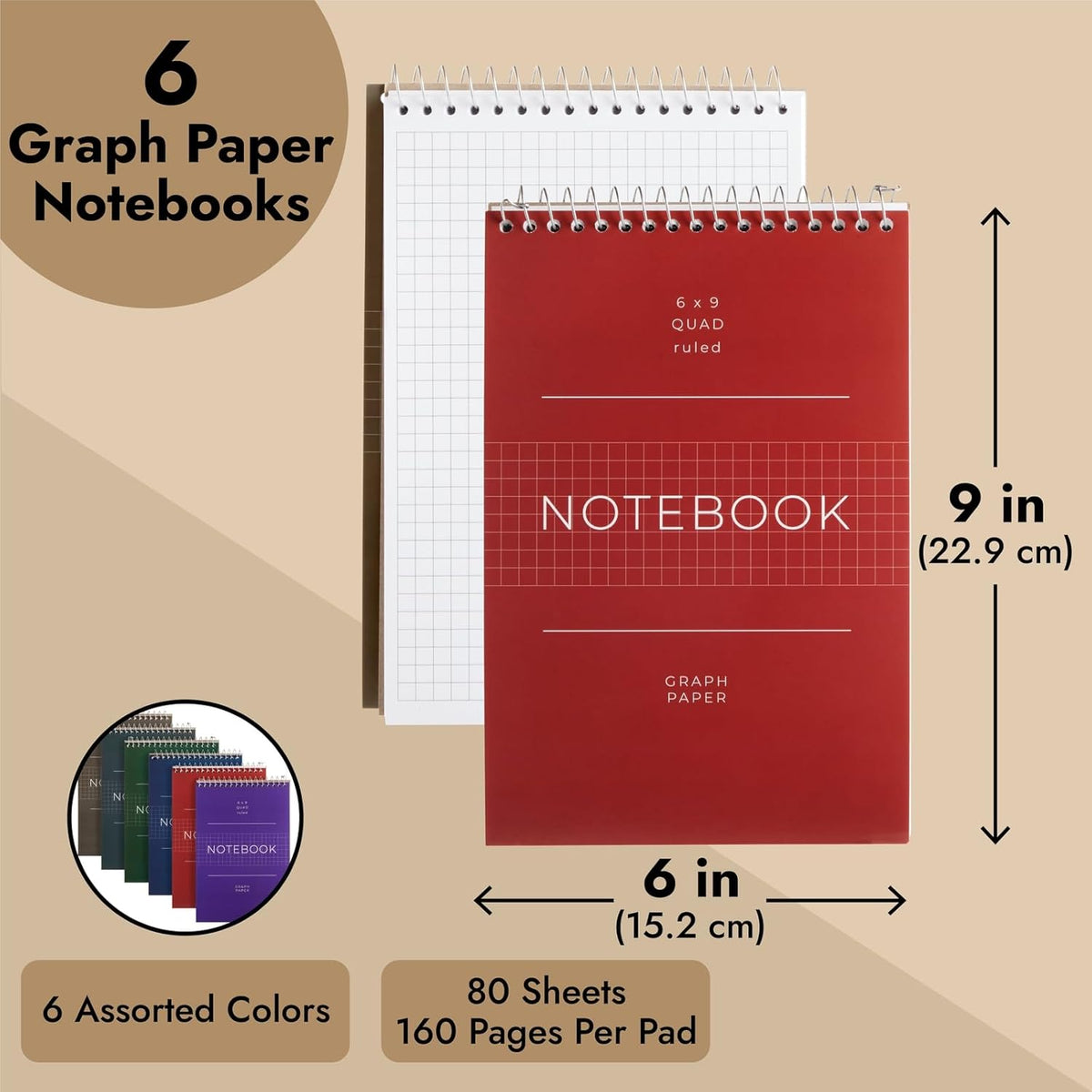 Juvale 6 Pack Quad Ruled 6x9 Inch Top Bound Spiral Graph Paper Notebook - 80 Sheets / 160 Writable Page Steno Notepads for Writing, Sketching, Drawing, School Supplies (6 Colors)