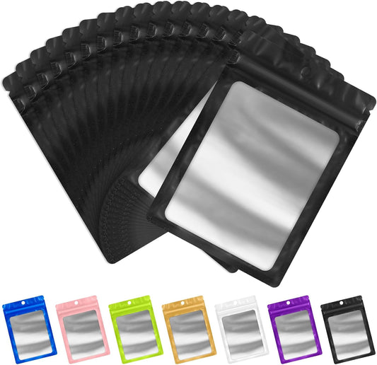 FUNFERY Mylar Resealable Bags Foil Packaging Bags with Clear Window,Zipper Pouch Smell Proof Bag for Food Storage,Cookies,Sample,Small Business(Black,2.4x3.9inch)-98 Pack