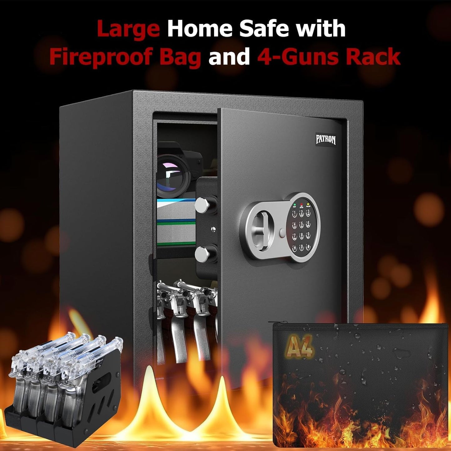 [ 2.3 Cu.ft. ]PATRON Fireproof Safe for Home,Digital Security Home Cabinet Safes for Money Cash Documents,Safe Box with Electronic Keypad,Removable Shelf for Office,with Foam Pistol Rack,2.3 Cu.ft.