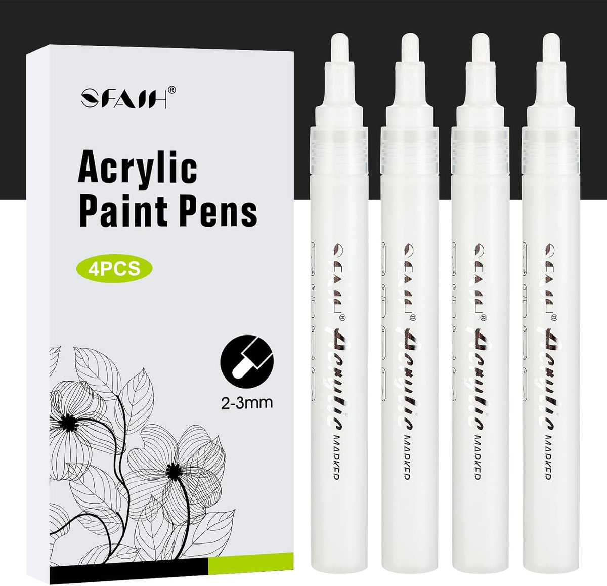 SFAIH White Paint Markers Pens - 4 Pack 2-3MM Medium Tip Acrylic White out Markers for Rock Painting, Wood, Metal, Fabric, Plastic, Canvas, Glass, Ceramic, Diy Crafts, Drawing, Tire, Correction