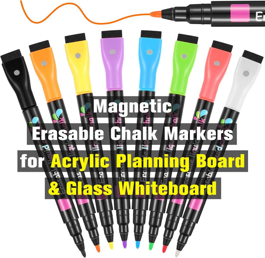 Magnetic Liquid Chalk Markers Wet Erase Markers for Acrylic Calendar Planning Board Clear Glass Whiteboard Window/Mirror Christmas Halloween LED Note Board, 8 Pack, 8 Vibrant Color, 1mm Fine Tip