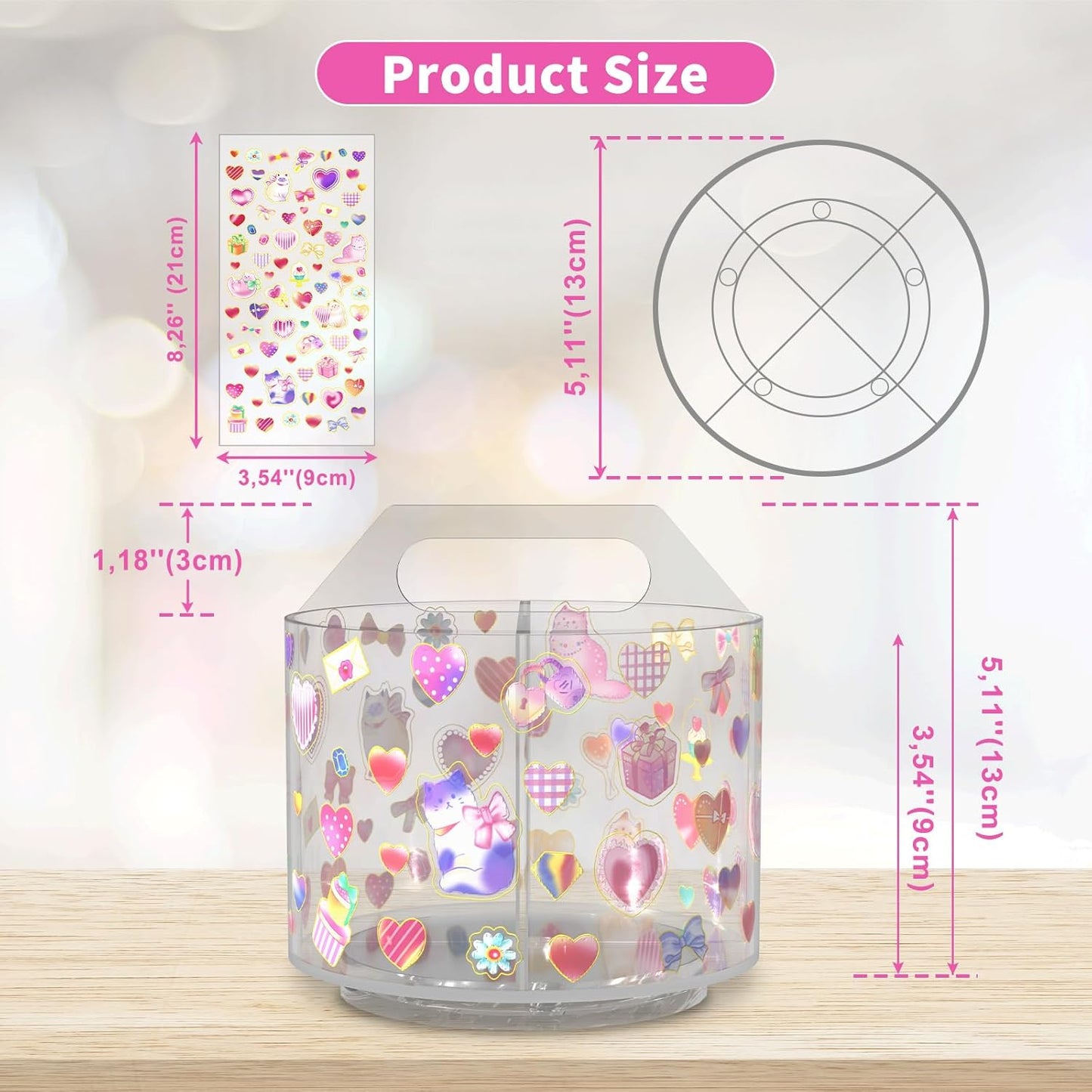 Acrylic Pencil Organizer for Desk 4 Compartments with Adhesive DIY Sticker, Rotating Art Supply Organizer with Kawaii Sticker Kids, Spinning Round Marker Organizer Small Supply Organizers Caddy