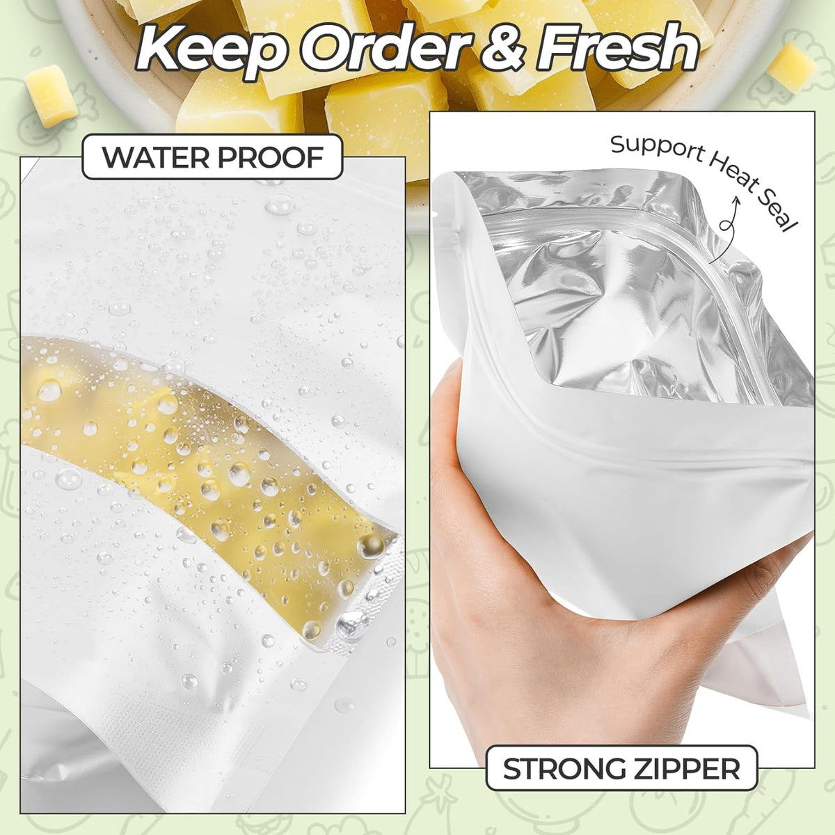 Funfery 100 Pcs Smell Proof Packaging Bags,Mylar Clear Bags for Food Storage,Sealable Bag for Packaging,Stand Up Pouches with Window,ReSealable Bag for Small Business,Cookies,Candy(White,4x6in)