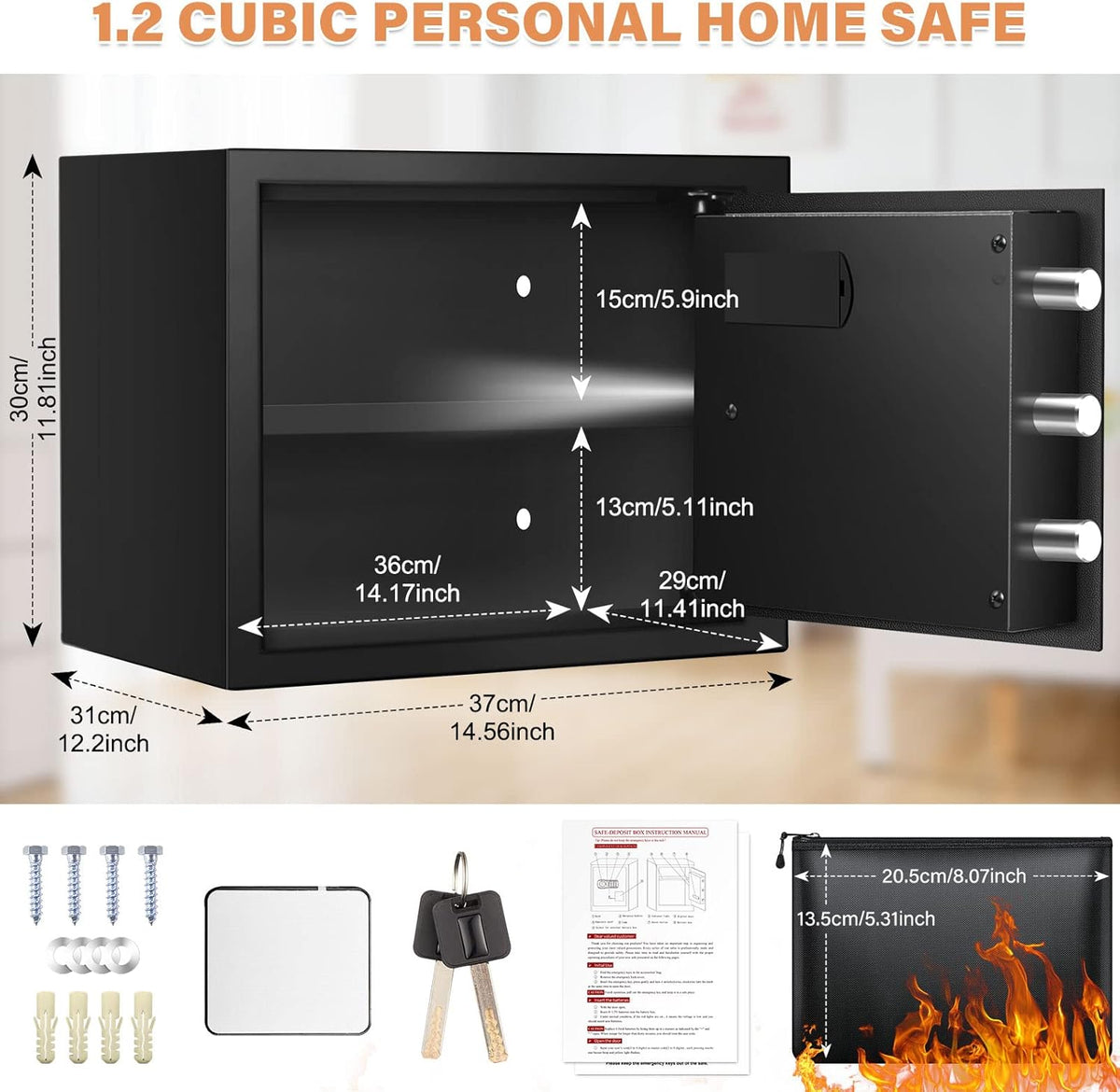 1.2 Cubic Home Safe with Fireproof Bag, Anti-Theft Safe Box for Pistol, Money, Medicine & Documents