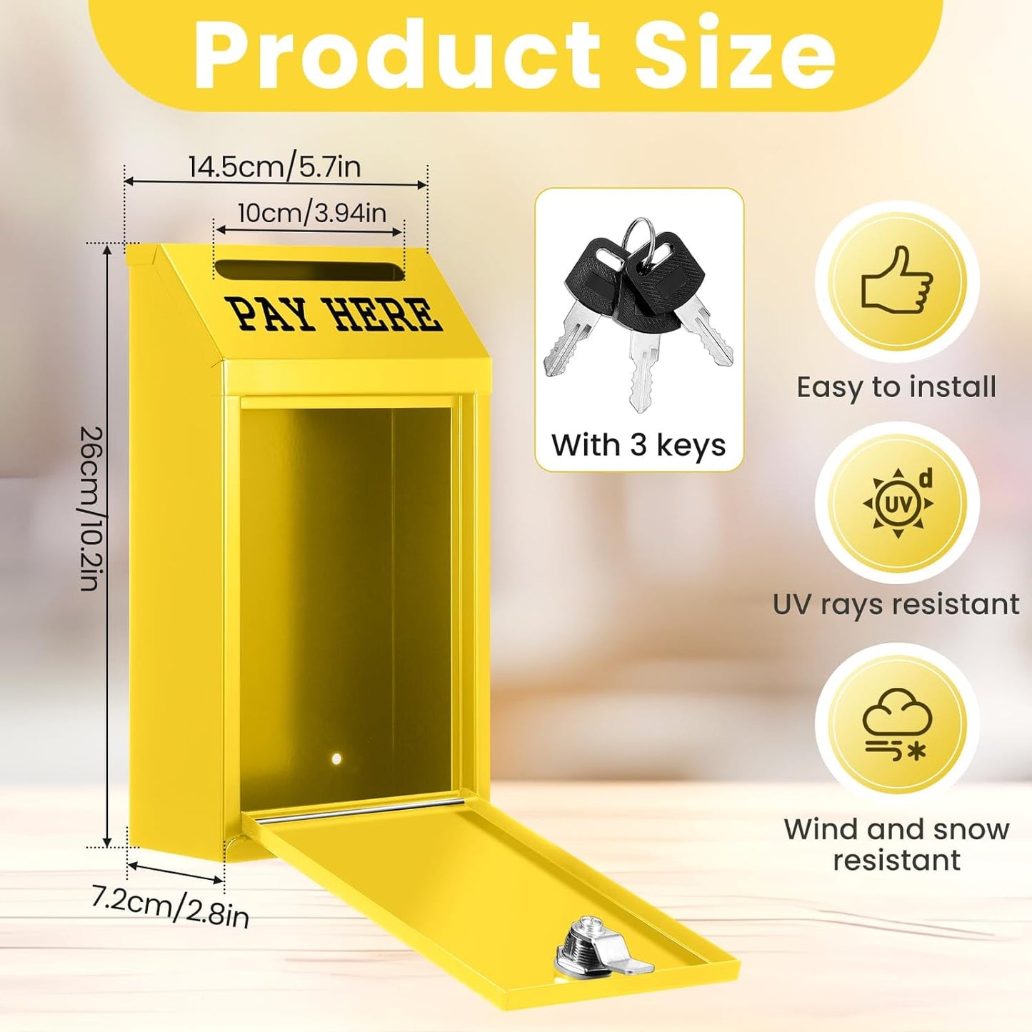 Safe Cash Box Money Collection Metal Donation Box with Lock Wall Mount Pre Drilled Mailbox Delivery Ballot for Home Office Outdoor Self Serve Stand(Yellow,10.2 x 5.7 x 2.8 Inch)