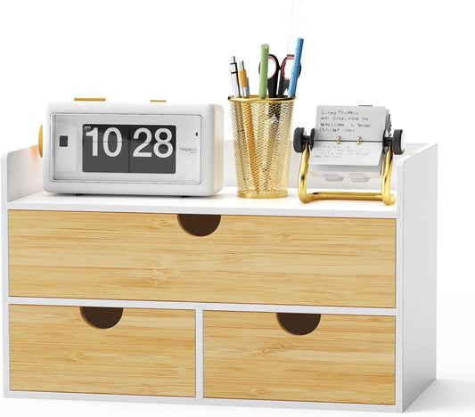 Wisuce Desk Organizer with Drawers - Bamboo Desktop Organizer Storage | White-Natural Wood Desk Drawers Organizer for Bills, Office Supplies, Cosmetics, Seals No Assembly Required