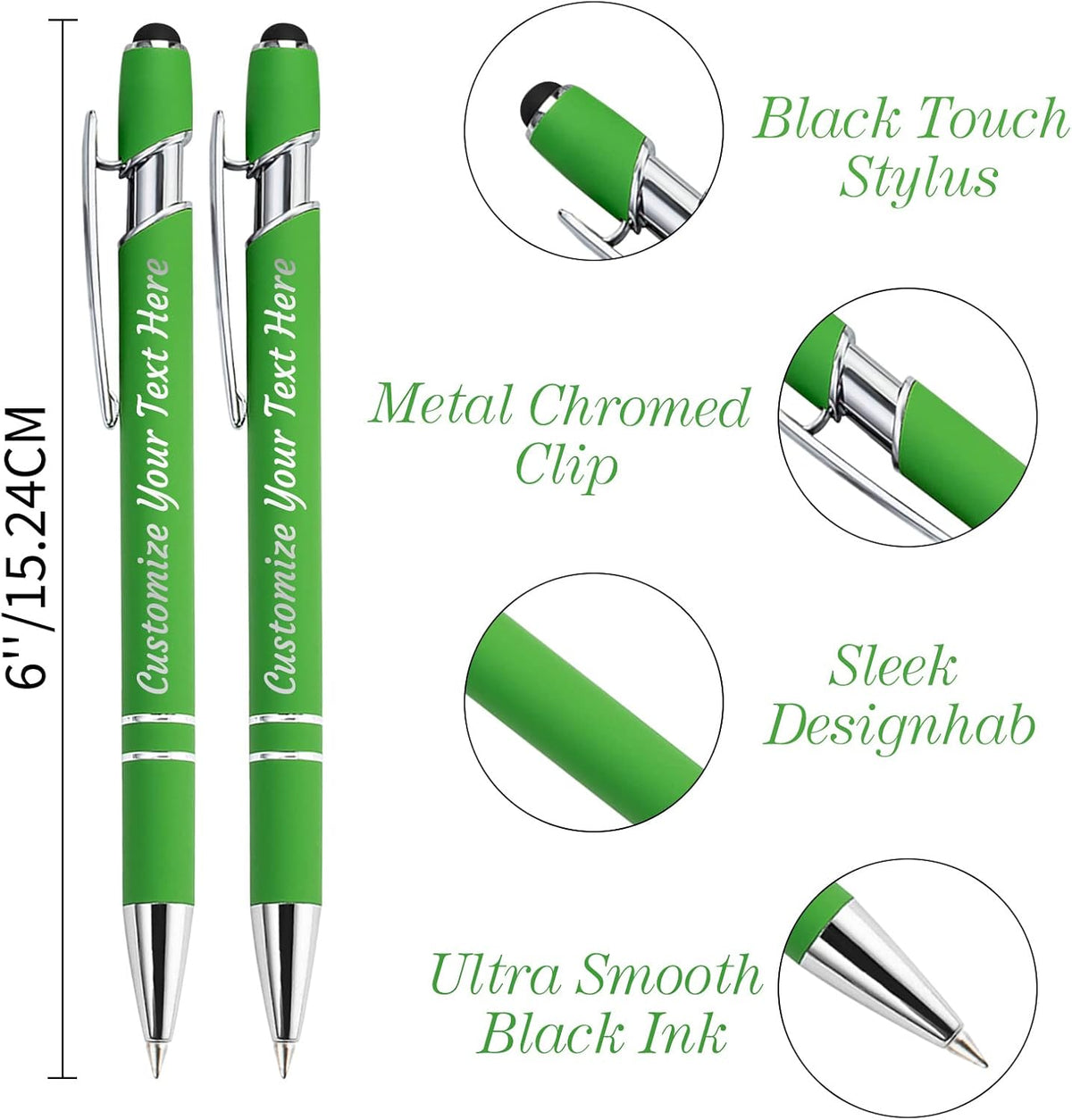 Personalized Pens Bulk 20 with Name Custom Engraving Ballpoint Pens with Stylus Tip Customized Smooth Writing Pens Personalized Gifts for Anniversary Birthday or Graduation(Light Green,Black Ink)
