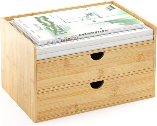 Desk Organizer With Drawers - Bamboo Wood Desktop Mail Organizer Storage Box for Office Home Bathroom Vanity Dresser Top, No Assembly Required (2 Drawer)
