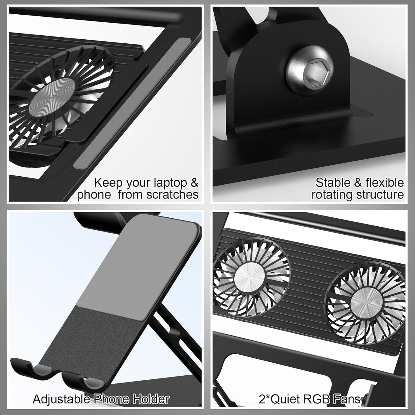Laptop Stand with Fan, MacBook Cooling Stand with 2 Removable Silent Fans and Phone Holder,Adjustable Height and Angle,Laptop Cooling Pad for 10-18 Inch Laptop,MacBook Pro,Tablet (Black)