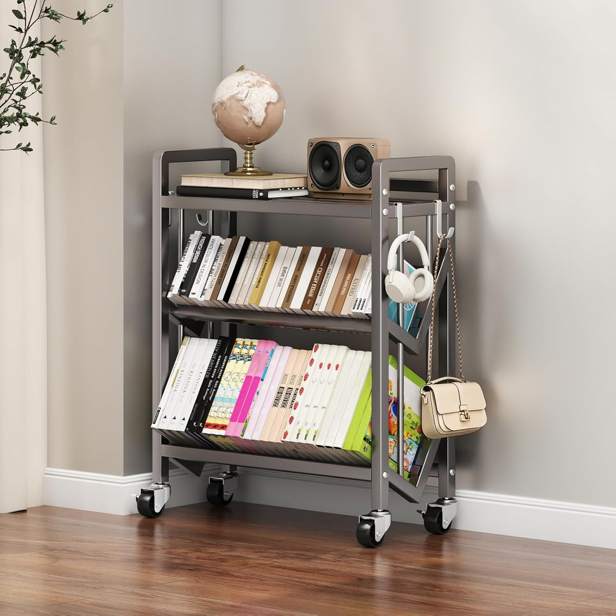 Bookshelf Movable Book Cart Multi-Layer Storage Rack Large-Capacity Rolling Cart L-Shaped Carbon Steel Shelf Suitable for Storing Books, Magazines, Newspapers, Shoes
