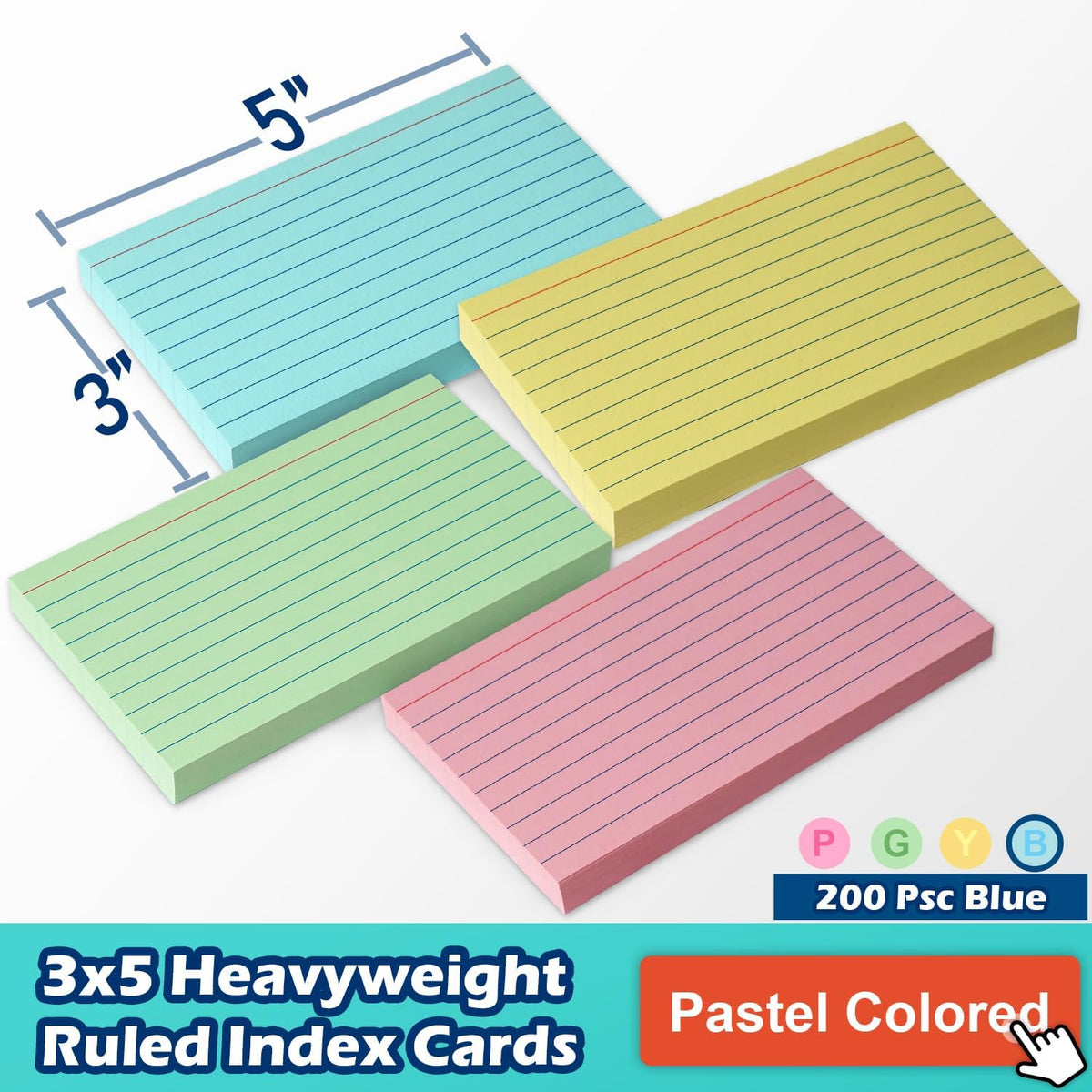 Blue Lined Index Cards 3x5 Ruled Note Cards 200 Count, 180 GSM Heavy Weight