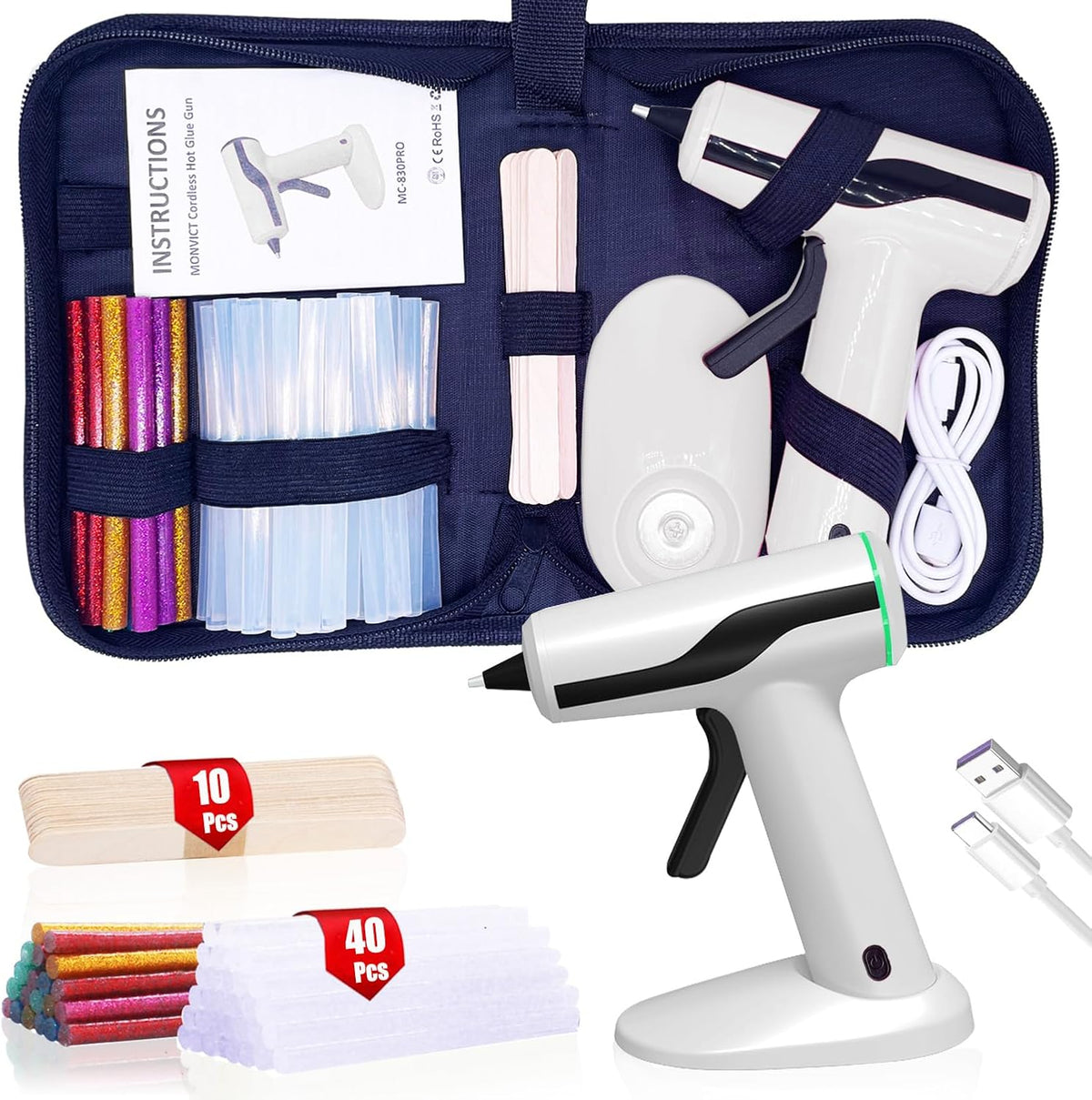MONVICT Cordless Hot Melt Glue Gun, Smart Power-Off with 2.2 Ah Built-in Battery USB-C Rechargeable Mini Glue Gun Kit, 40 Pcs Glue Sticks, 10 Pcs Craft sticks, Carrying Case for DIY Craft Gift, White