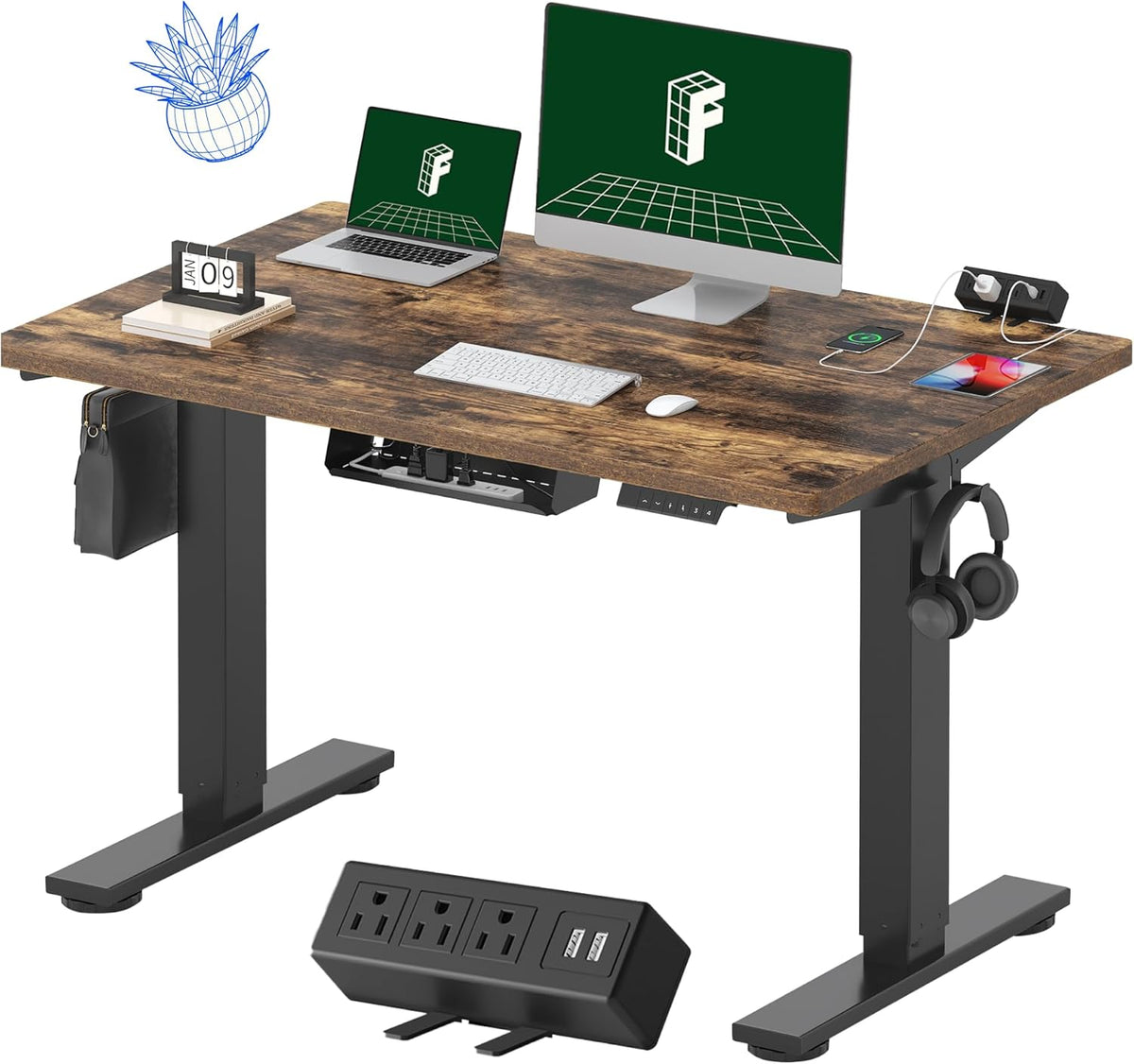 FLEXISPOT EN2 Whole-Piece Standing Desk with Clamp Power Strip, 48 x 30 Electric Stand Up Height Adjustable Desk with Cable Management (Black Frame + 48" Rustic Brown Desktop, 2 Packages)