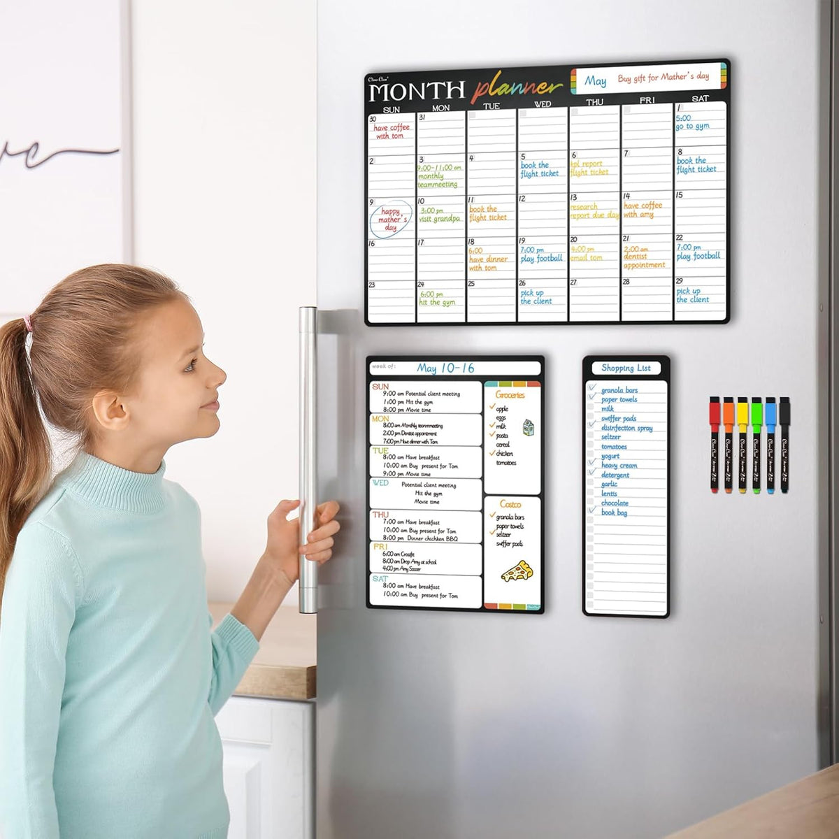 Magnetic Dry Erase Monthly Calendar Set - 17"x12" Monthly and 8.5"x12" Weekly Calendar, 4"x12" List Board for Fridge - 6 Extra Fine Point Dry Erase Markers Included - Shipped Flat