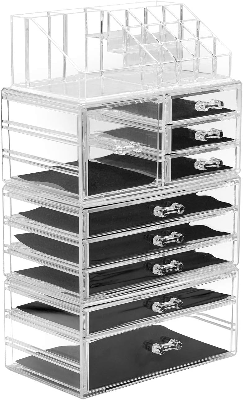 Sorbus Large Clear Makeup Organizer - Detachable 4-Piece Jewelry & Make Up Organizers and Storage Set - Spacious Cosmetic Display Tower - Makeup Organizer for Vanity, Bathroom, Dresser & Countertop
