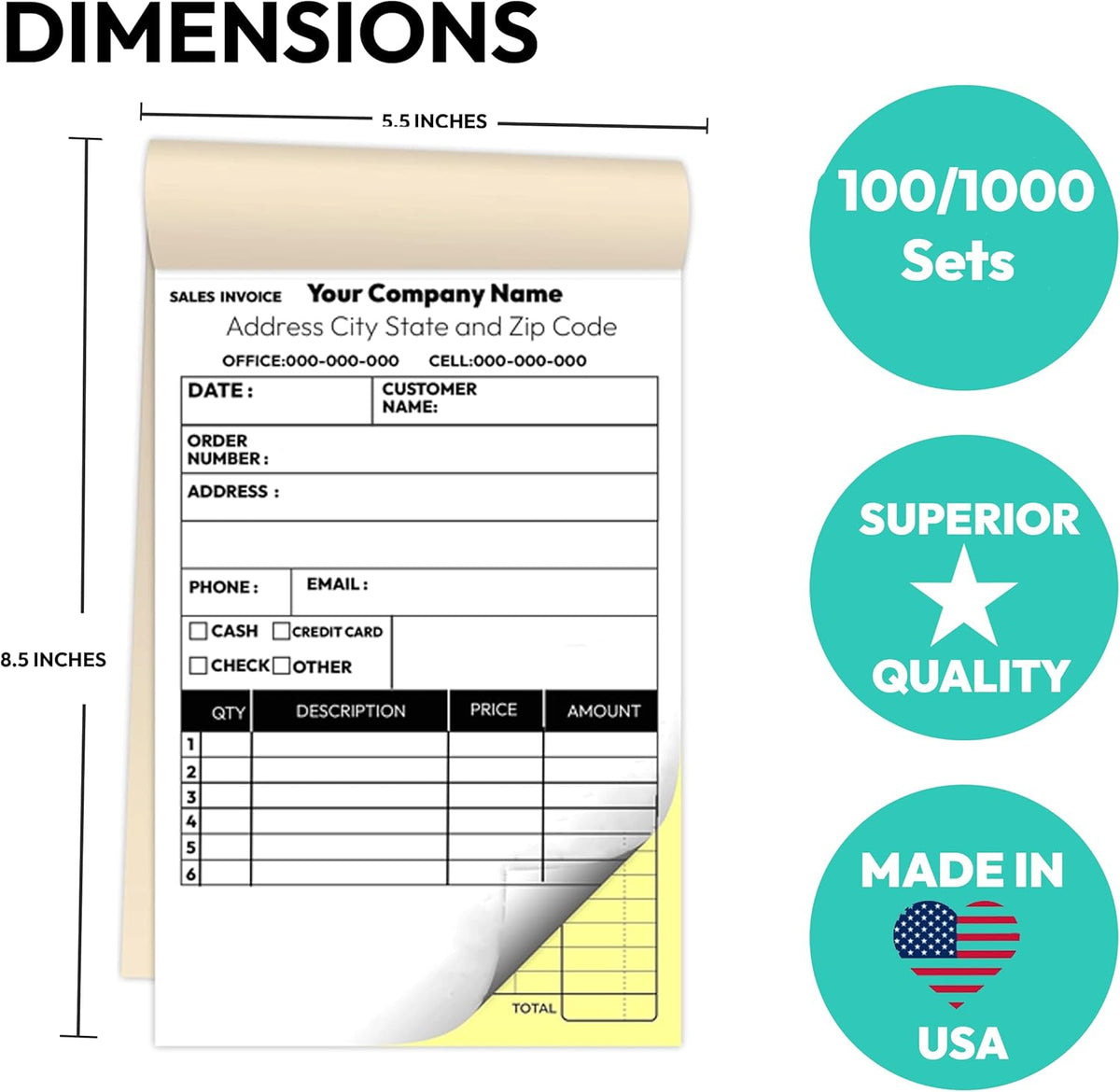 Custom 5.5" X 8.5" Invoice Receipt Book, (100 Sets) Carbonless NCR Invoice Book in 2-Part Duplicate Receipts, Estimates, Purchase Orders, Sales Orders, Price Forms with Your Company/Business Name