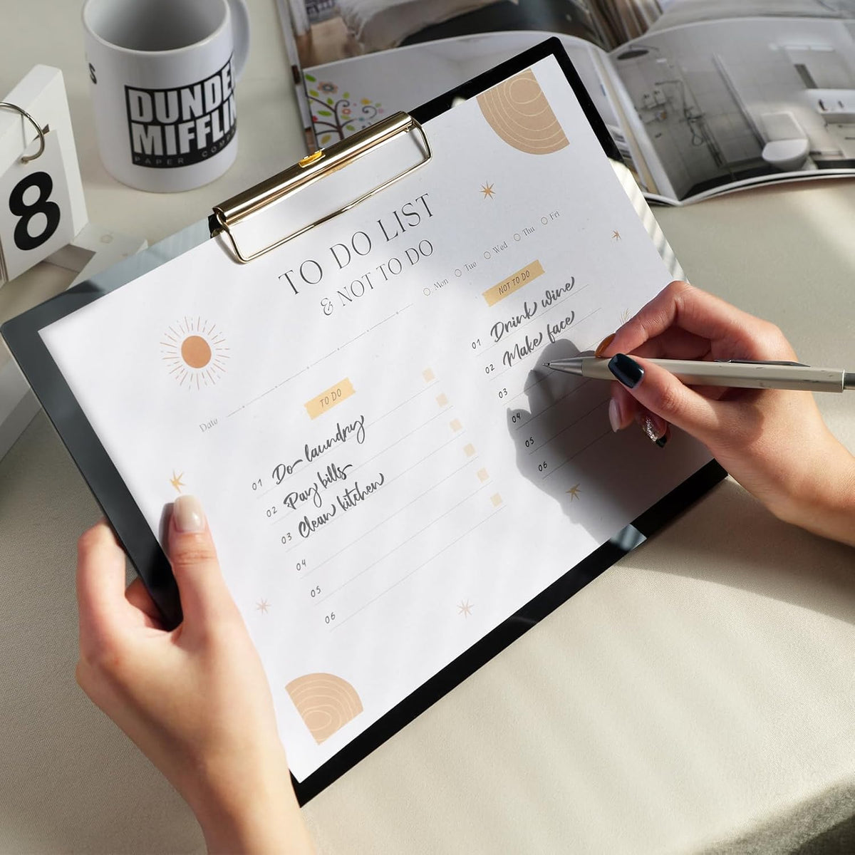 UNIQOOO Black Acrylic Landscape Clipboard, Horizontal Clipboard with Shiny Gold Finish Clip, Office Design, Office Gift for Teacher Doctor Coach, Menu Board 12.5x9 in