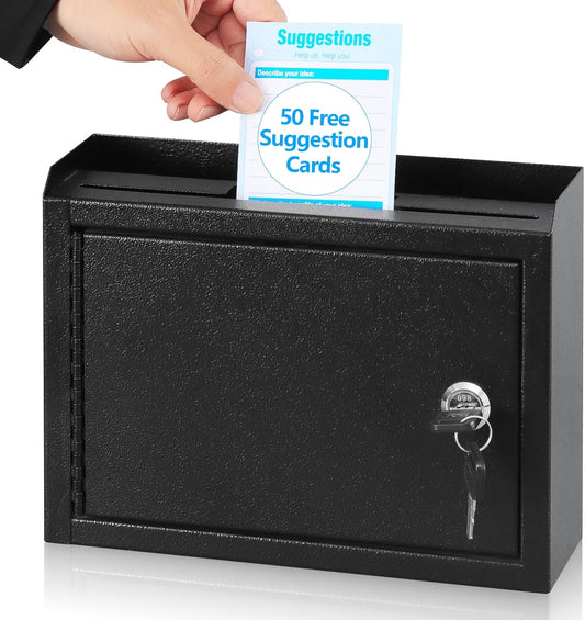 KYODOLED Suggestion Box with Lock and Slot, Small Locking Mailbox for Office, Wall Mount Safe Money/Key Drop Box with 50 Free Suggestion Cards, 9.8" W x 3" D x 7" H, Black