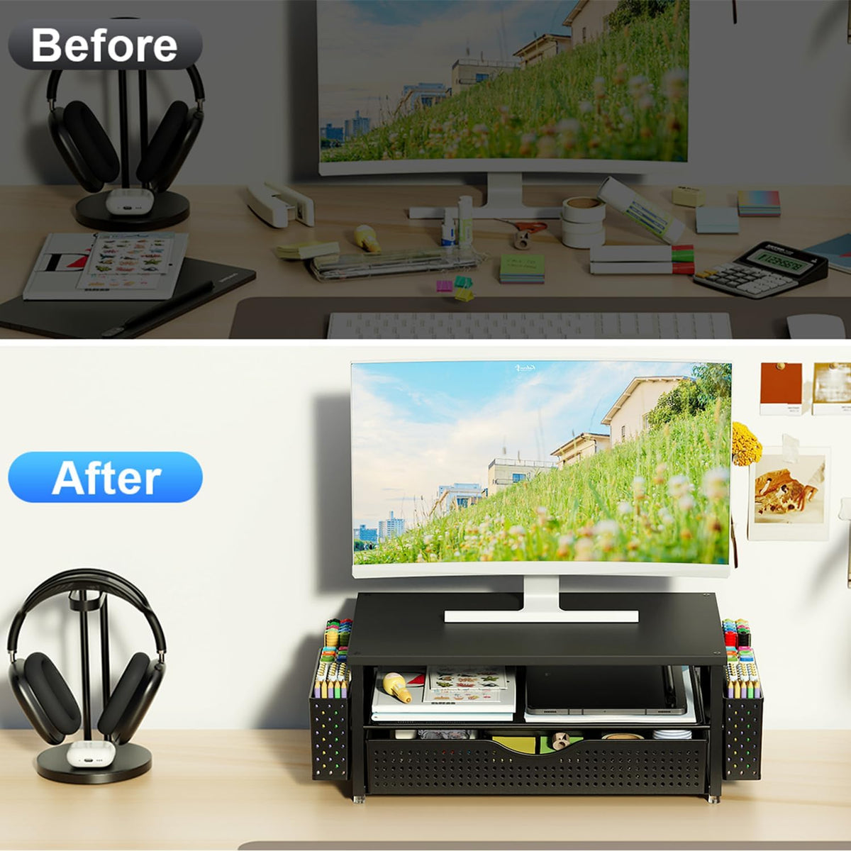 Desk Organizer and Accessories, Computer Monitor Stand Riser with Drawer and 2 Pen Holders, Office Desk Accessories & Workspace Organizers for Office Supplies (Black)